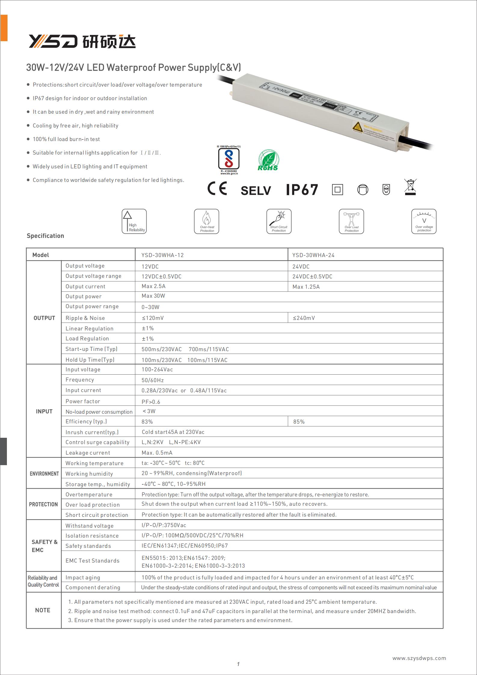 30w IP67 LED driver CE ROHS approved ac dc adapter 110/220v dc 12v 24v led power supply specification 01
